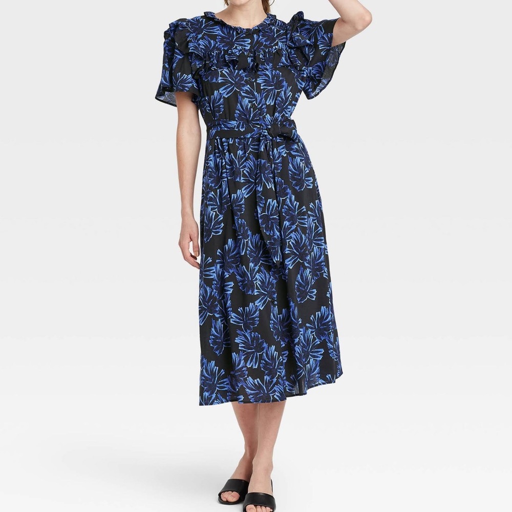 NWT ~ Who What Wear ~ MIDI Ruffled Shirt Dress ~ Floral Black & Blue ~ Small